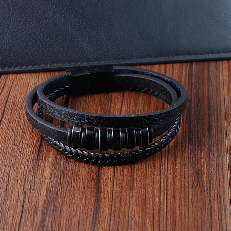Knit Stainless Steel Genuine Leather Rope Black Vintage Black Bracelet Men Charms Gift
