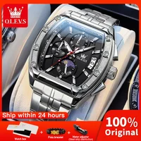 OLEVS 3661 Mens Watch Original Tonneau Quartz Watch Multifunctional Chronograph Waterproof  Moon Phase Watches For Men Box New