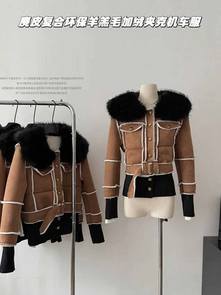 

American Retro Lambs Wool Coat O-Neck Vintage Long Sleeve Warm Thicken Outerwear High Street Plush Jacket 2023 New Autumn Winter