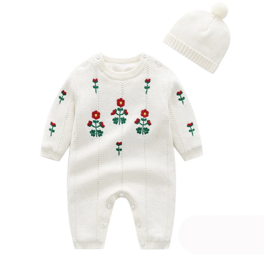 

Baby Girl Romper Knitted Embroidery Newborn Baby Clothes Romper With Hat Infant Toddler Jumpsuit Kids Cotton Toddler Jumpsuit