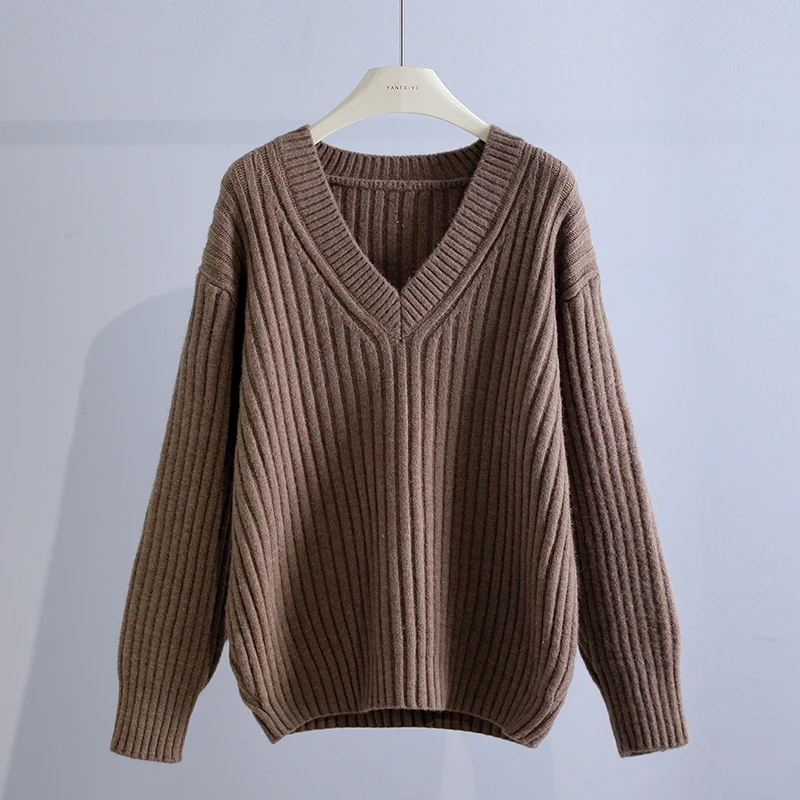 

Vintage Solid Knitted Women Sweater Pullovers Autumn Loose V-Neck Casual All Match Female Pulls Outwear Coats Tops