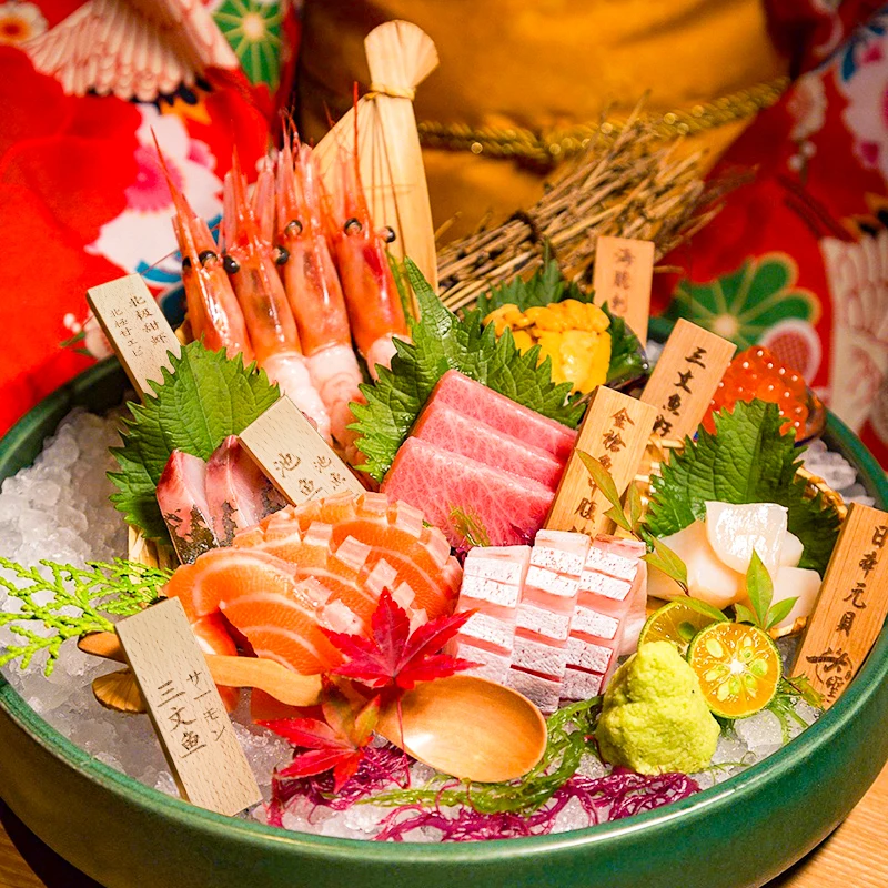 

Japanese Sushi Restaurant Beech Food Menu Izakaya Vintage Small Listing Sashimi Plate Engraved Wooden Decoration