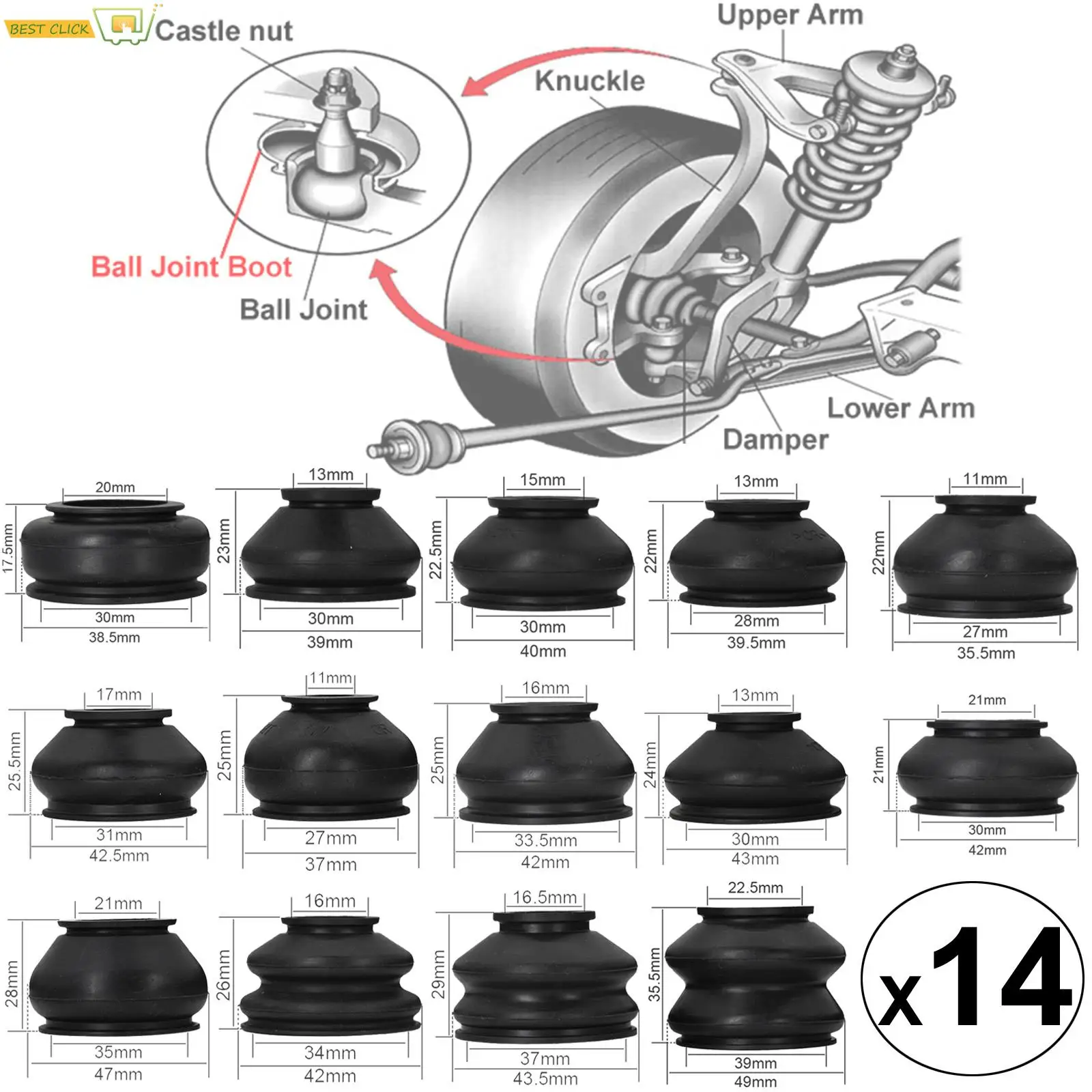 Ball Joint Boot,14 Pcs Universal Multipack Ball Joint Rubber Dust Boot Covers Track Rod End Set Kit