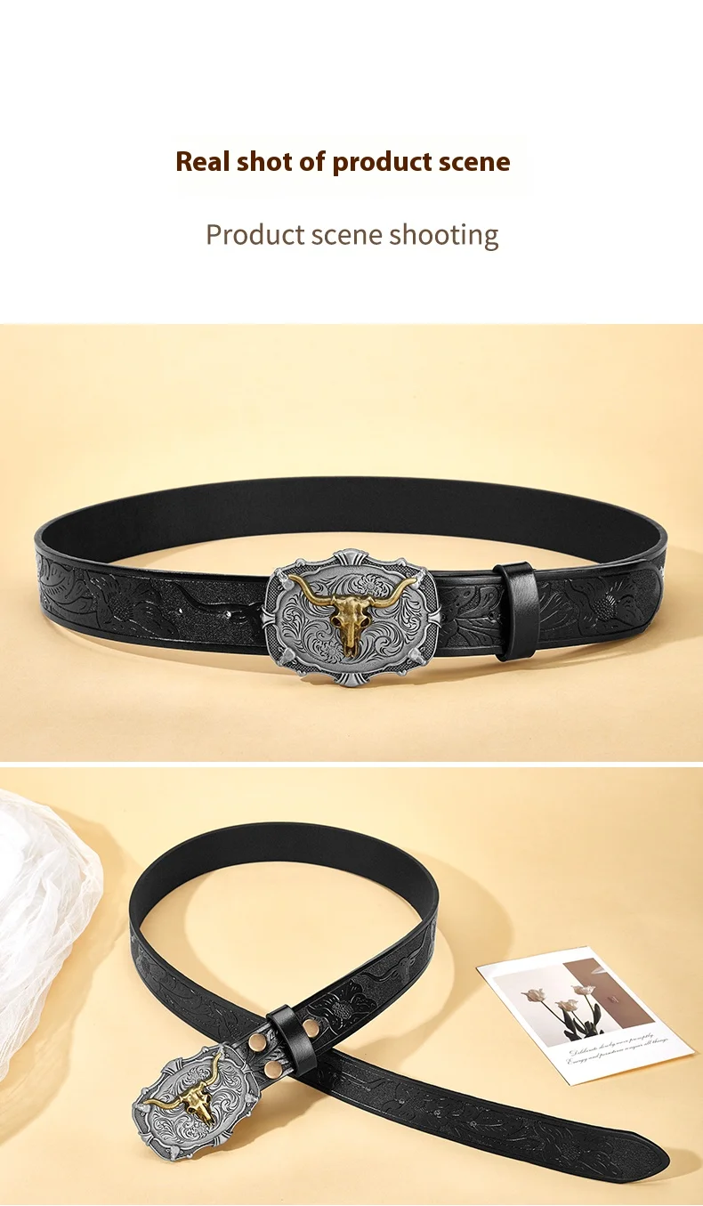 Herren Vintage Western Cowboy Ledergürtel - Herren Taillengürtel mit Langer Horn-Bullenkopf-Schnalle Geprägte Blumenmuster für Jeans – Detail 7