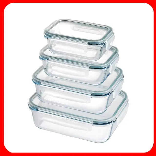 A set of four rectangular borosilicate glass lunch boxes in varying sizes (200ml, 370ml, 640ml, and 1000ml) suitable for microwave use. The containers are transparent, showcasing their contents, and feature secure lids for reliable storage. Ideal for meal prep and on-the-go dining.