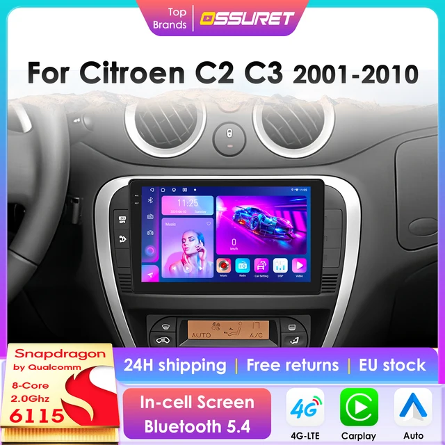 Android 14 Qualcomm 8Core autoradio multimédia pour citroën C2 C3 2001 2002-2010 sans fil CarPlay Android Auto 4G BT5.4 GPS DSP 1