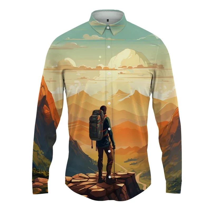 thumbnail image 1 of Camisa con solapa con estampado 3D de paisaje para hombre y mujer, camisas casuales de moda de manga larga, ropa de calle con botones, ropa unisex de gran tamaño, 1 of 5