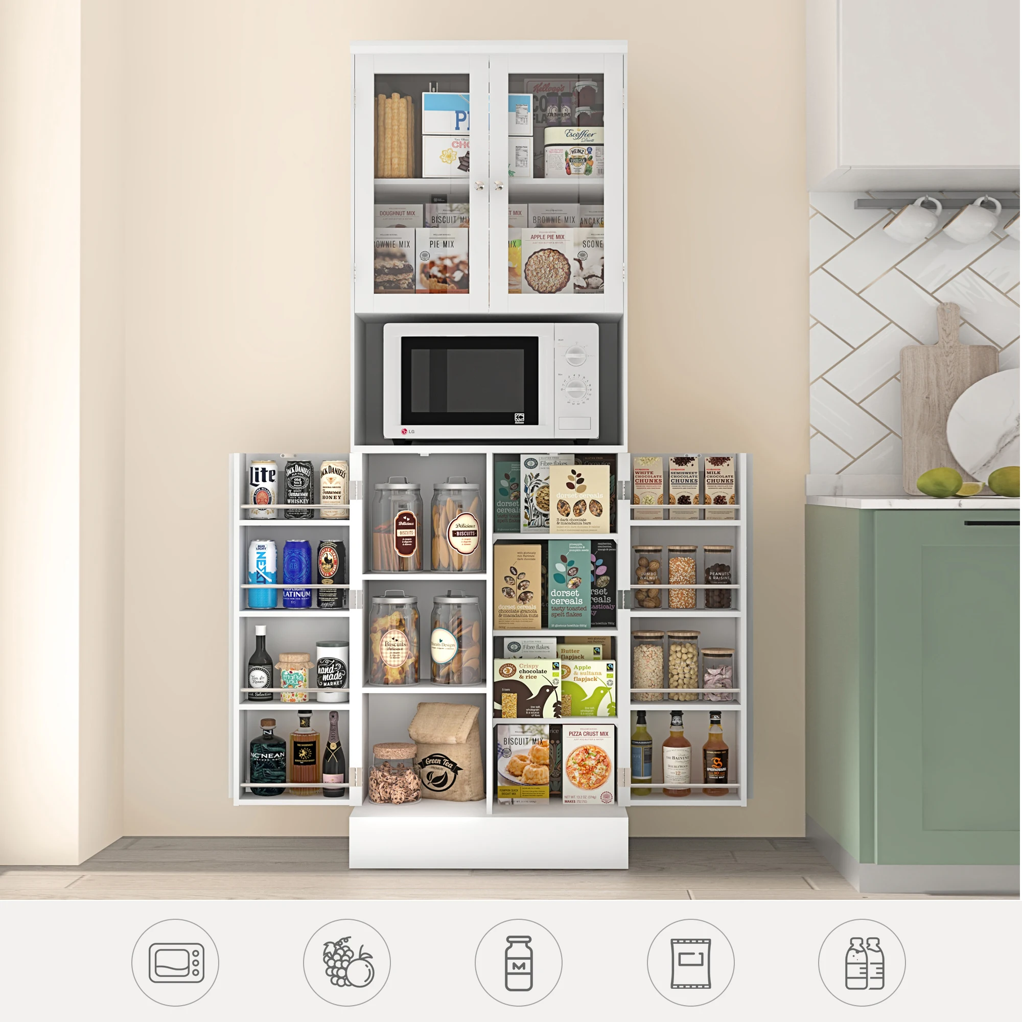 71&rdquo; Tall Freestanding Pantry Cabinet with Adjustable Shelves, Kitchen Pantry Storage Cabinet with Glass Doors & Microwave Stand