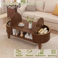 Table basse moderne Fangange, table ovale en bois de noyer 100x50x50 cm avec étagère ouverte, table de salon avec rangement dissimulé 6