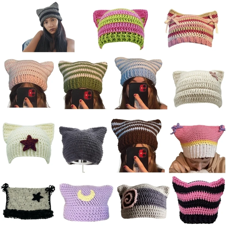 

Woolen Yarn Girls Bonnet Y2K Earflap Bobble Hat Adult Headdress Ears Hat