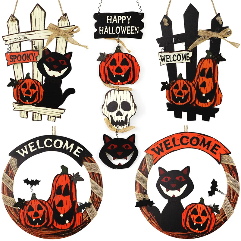 Halloween Welcome Wood Card Garland Door Hanging Pumpkin Black Cat Cemetery Castle Ghost Costume Halloween Party Decorations halloween ghost hanging terror decorative props skull ghost hanging pendant eye bleeding female ghost door curtain hanging ghost