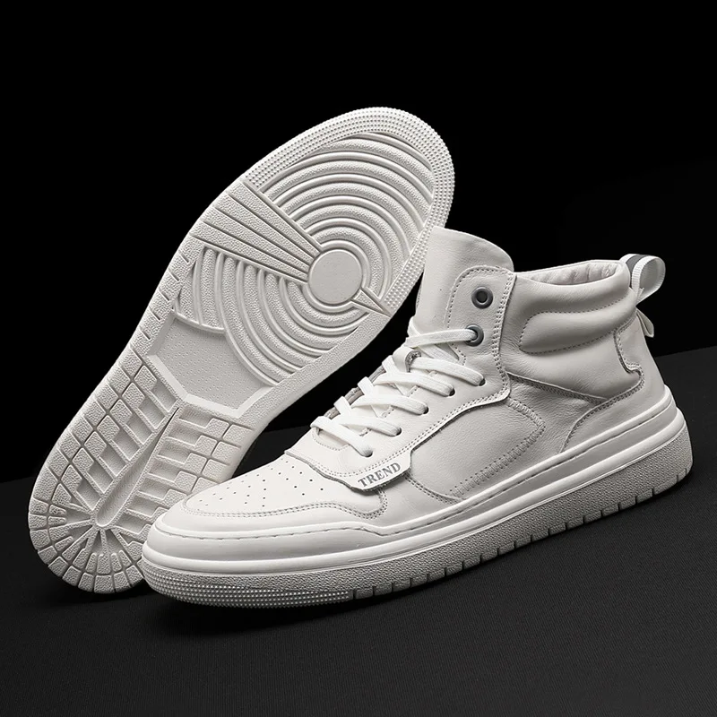 

High top small white shoes men's real cowhide casual shoes sneakers board shoes men's trend shoes comfortable flat