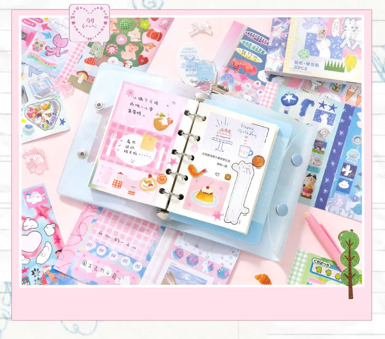 30sheet Kawaii cartoon flash sand die-cutting sticker+writable sticky note sticker double splicing M5 sticker book DIY scrapbook