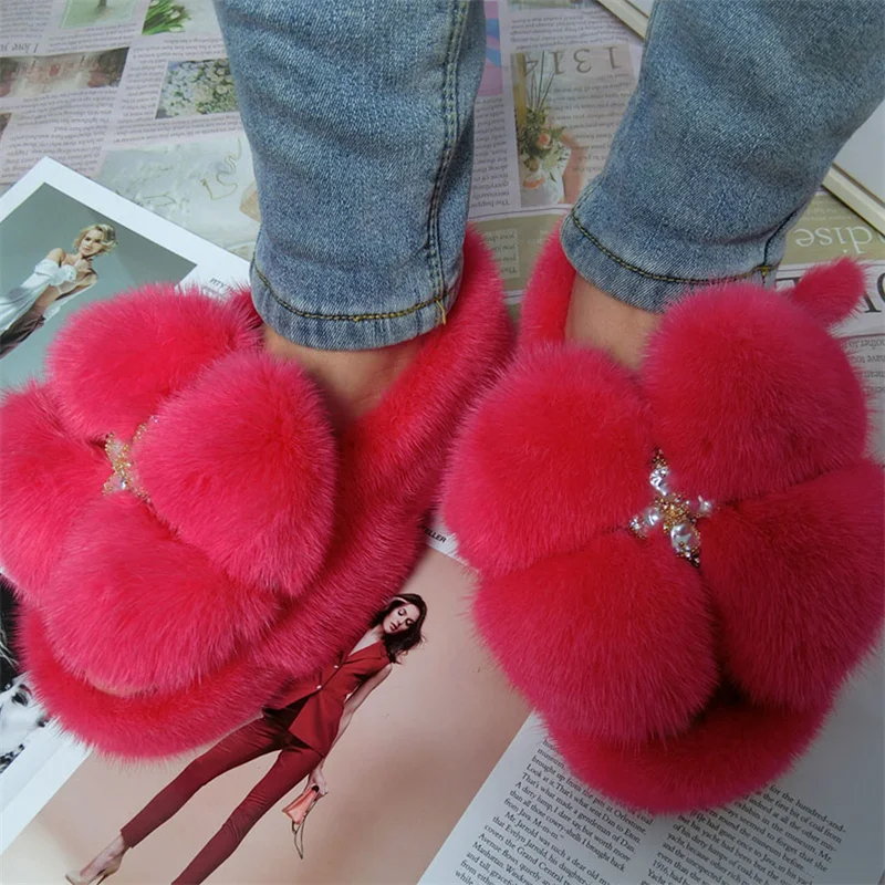 Fur Slippers Women's New Big Flower Fashion Mink Fur Sandals High Quality Outdoor Wear Design Fur Slippers