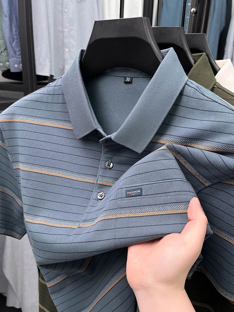 High quality stripe men short sleeve polo shirt light luxury pocket comfort breathable summer silky cotton casual lapel T-shirt 17 S11a64c045ee449a7802c7f30f7275b675