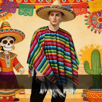 Mantello Etnico Messicano, Poncho per Uomo e Donna, Costume per Festival e Feste, Mantello Colorato a Strisce per Adulti, Regalo di Natale