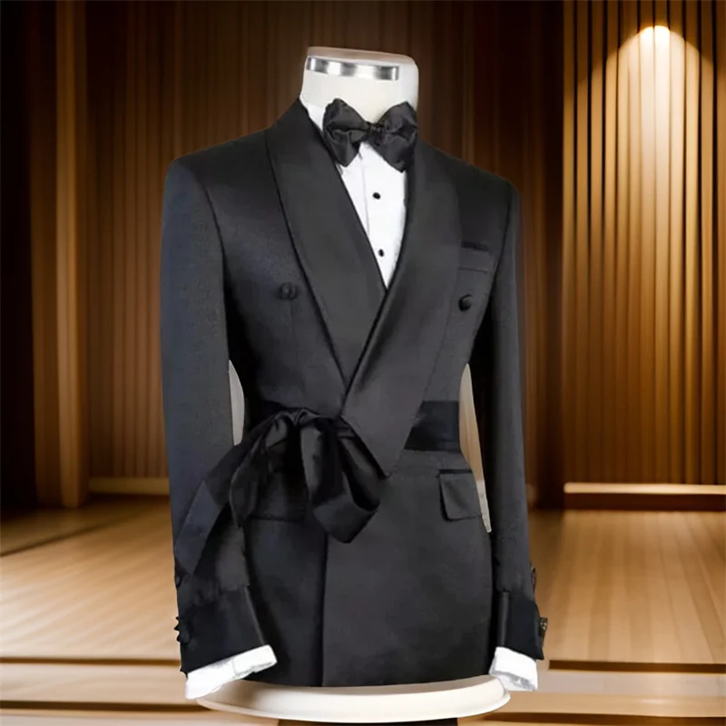 Double Breasted Suit Jacket for Men Wedding Shawl Lapel Slim Fit Groom Blazer with Belt 1 Pc Fashion Coat men suits jackets