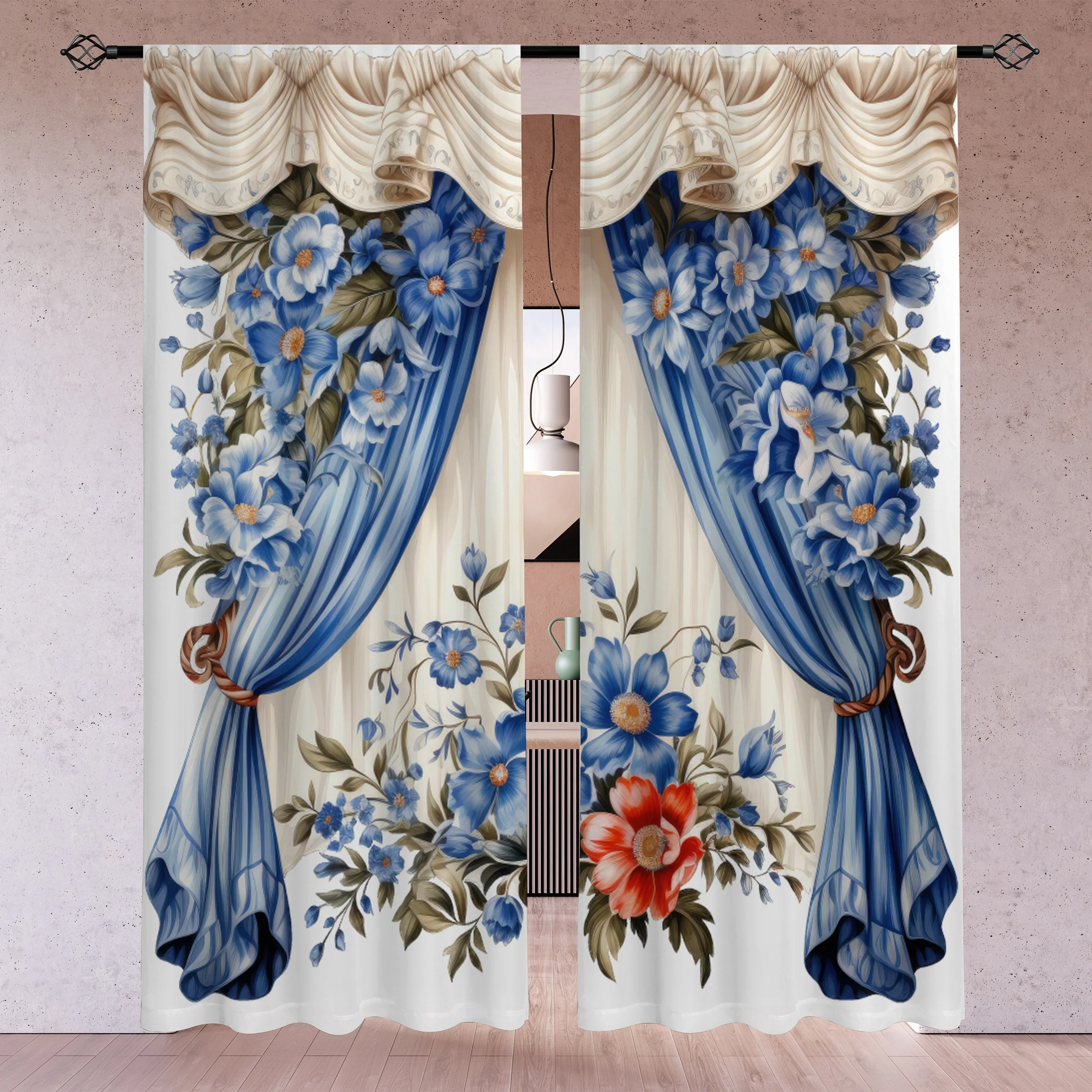 2pcs European Style Retro 3D Printed Translucent Curtains Multi-scene Polyester Rod Pocket Decorative Curtains For Living Room 3