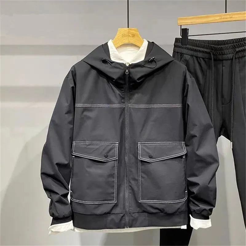 

Black Hooded Men's Coat Trend Spring And Autumn New Line Casual Men's Jacket Top All-match Pockets Windbreak Bomber Jacket Men