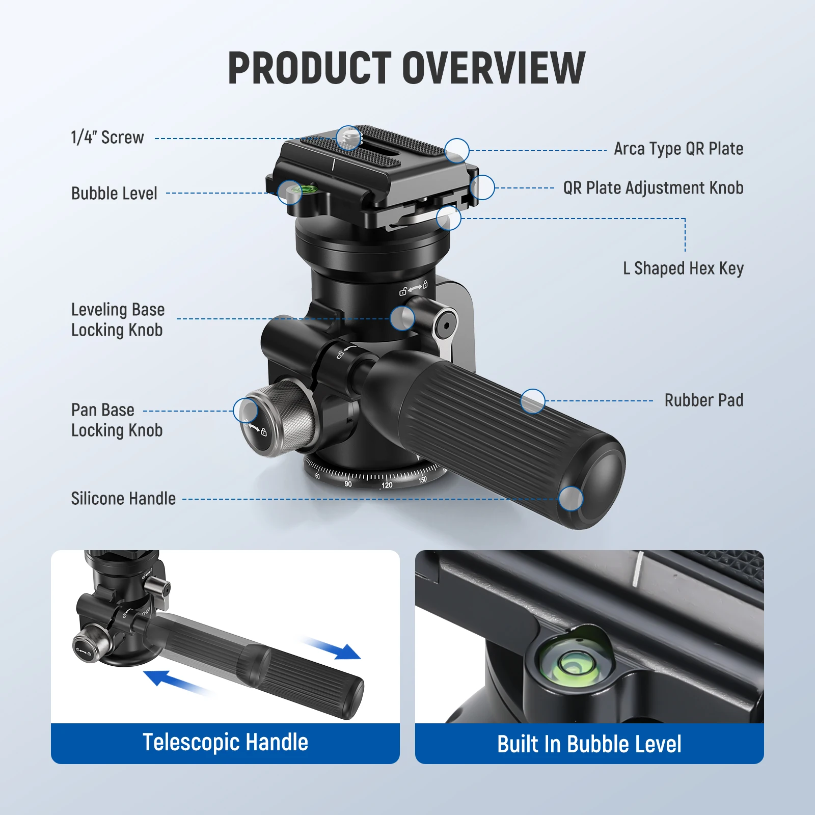 2-Way Geared Tripod Head with Millimeter Micro Adjustment 360° Panoramic Arca Q