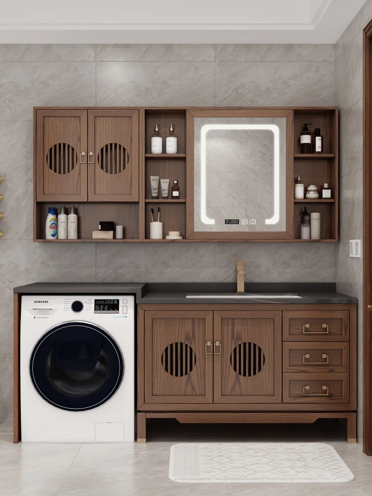

New Chinese red oak bathroom cabinet combination solid wood wash basin wash basin toilet can be put in one laundry cabinet