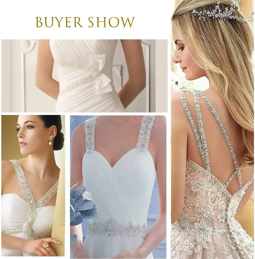 Pearl Beaded Trim Bridal Lace Ribbon Crystal Rhinestone Applique Trim straps for Craft Sewing Wedding Dress DIY Fabric 1 Yards