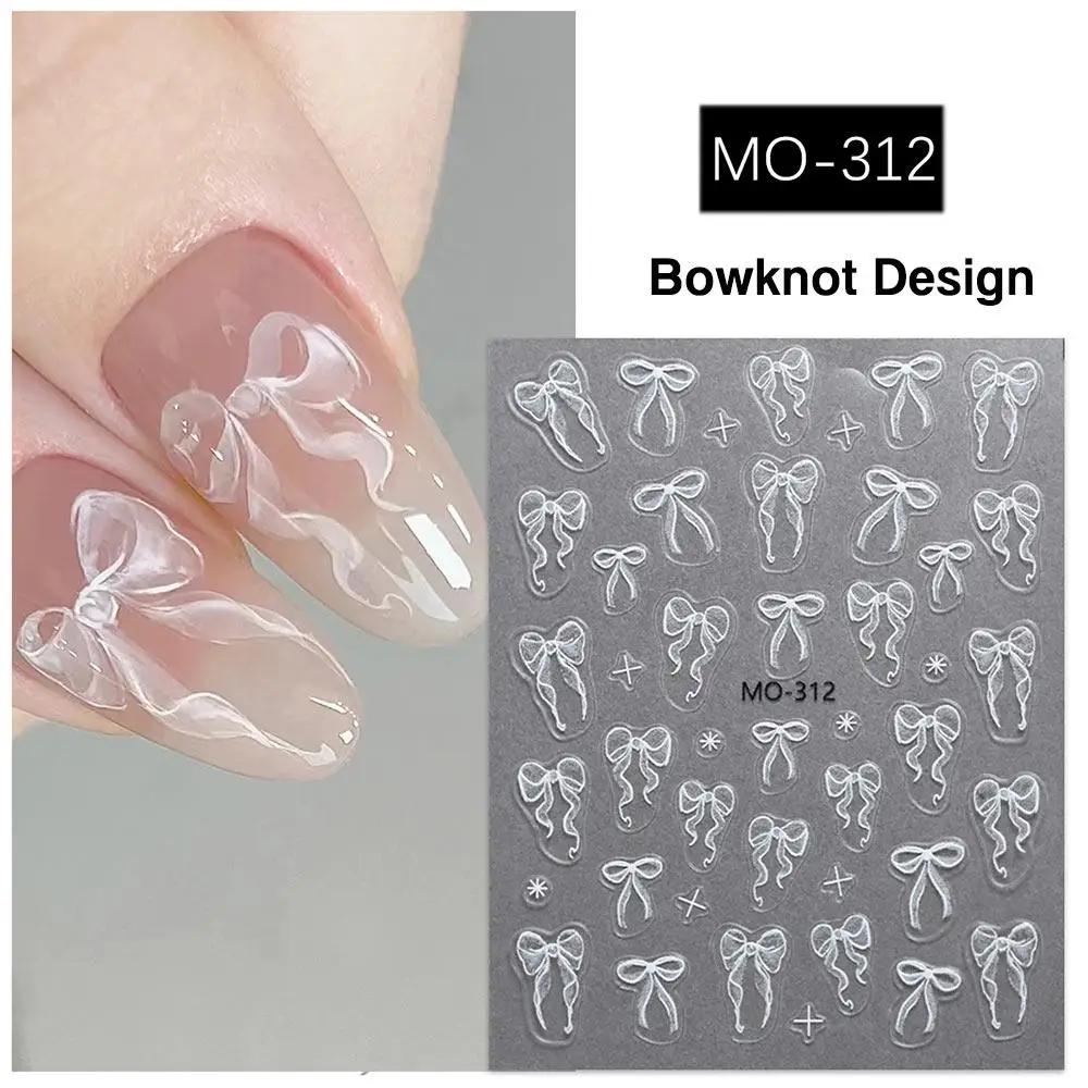 Ultra-thin Bowknot Flower Nail Art Sticker 3D Embossed Self-Adhesive Slider Nail Art White Summer Nail Art Decal Decoration