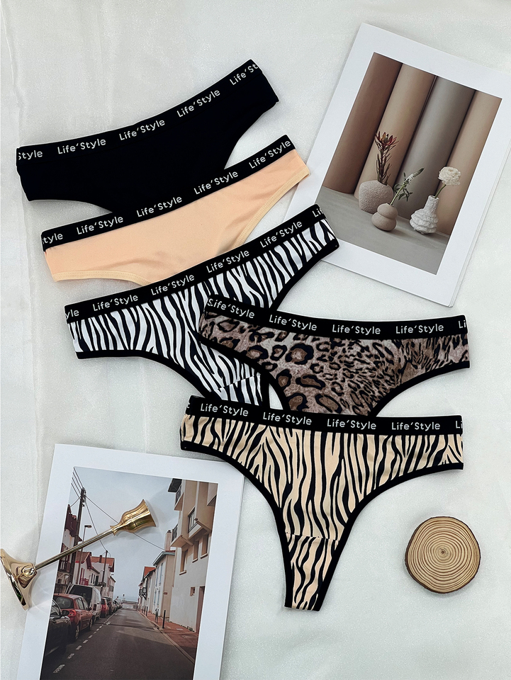 Animal print, leopard print, zebra print, solid color, mixed color thong, sexy, fashionable and comfortable, 5-pair mixed outfit