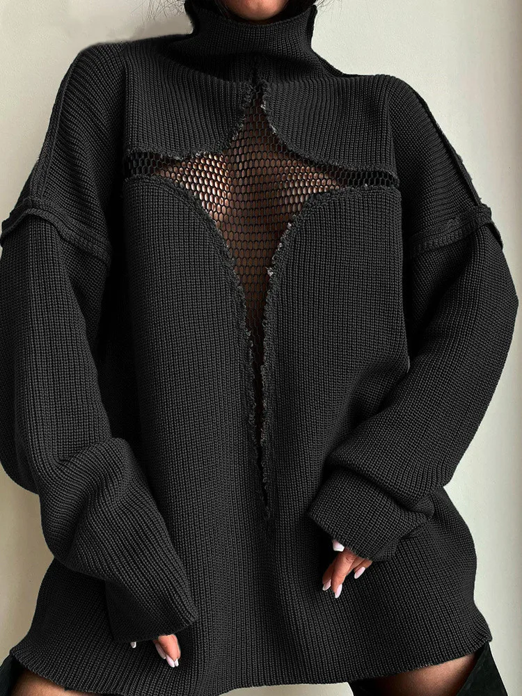 Y2K Star Pattern Mesh See Through Sweater Women Long Sleeve