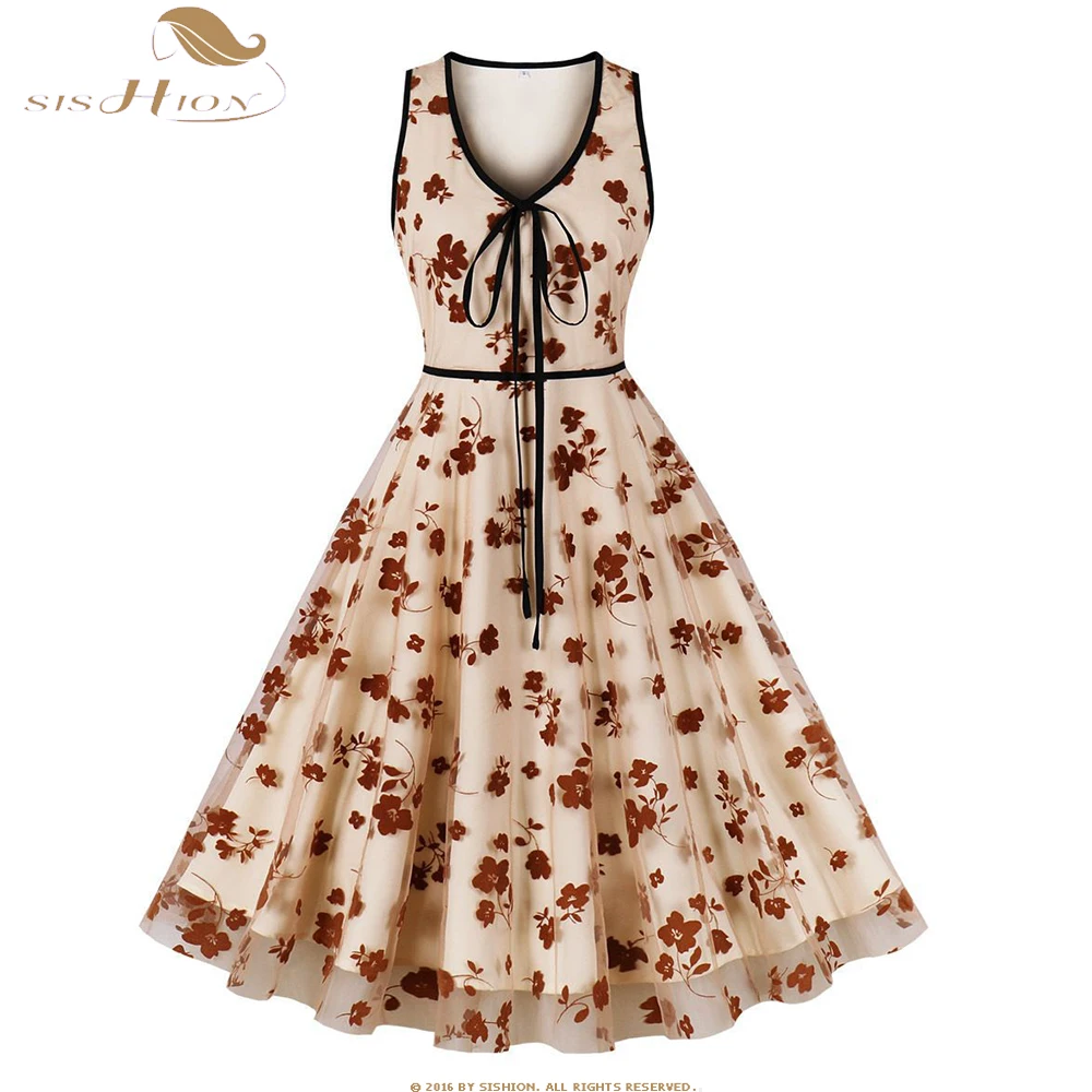 

2023 Retro Vintage A Line Swing Party Dress Elegant 2 Layer Mesh O Neck Sleeveless Floral Print Runway Midi Dresses SR1188