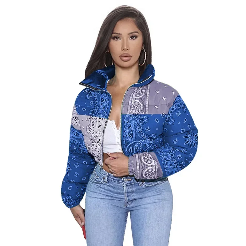 Women 2024 Winter Fashion Warm Parkas Casual Zipper Up Puffer Outerwear Bandana Coats Floral Printed Bubble Jackets for Female
