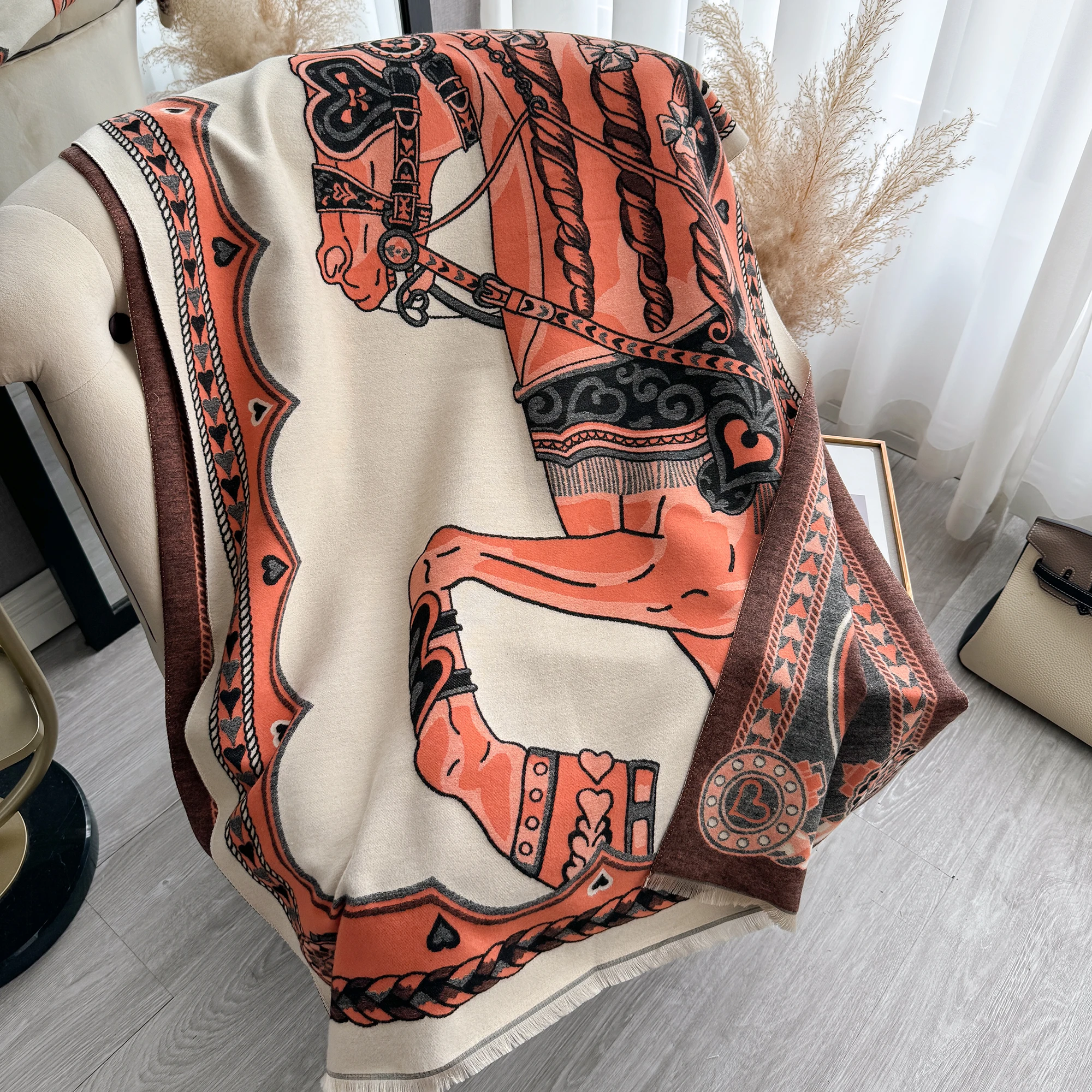 2024 New Warm Cashmere Scarf Winter War Horse Large Pashmina Thick Blanket Shawls Bufanda Foulard Neckerchief Design Echarpe