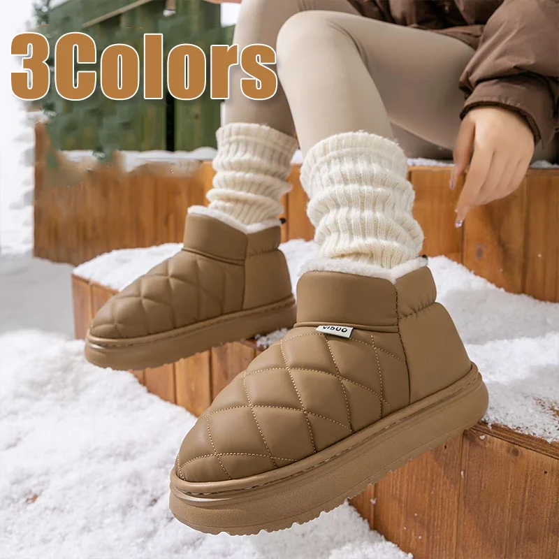 Winter Snow Boots For Women Fur Lined Warm  Boots Ankle Thick Soled Slippers Leather Wool Shoes Non Slip Outdoor