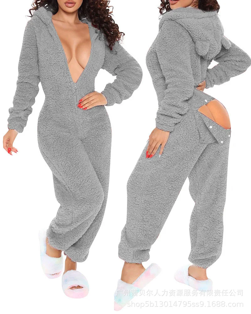 Pink Pajamas Casual Solid Hooded Sets Winter Women Jumpsuits Simple Plush Ladies Sleep Clothes Autumn Wholesale Drop Shipping