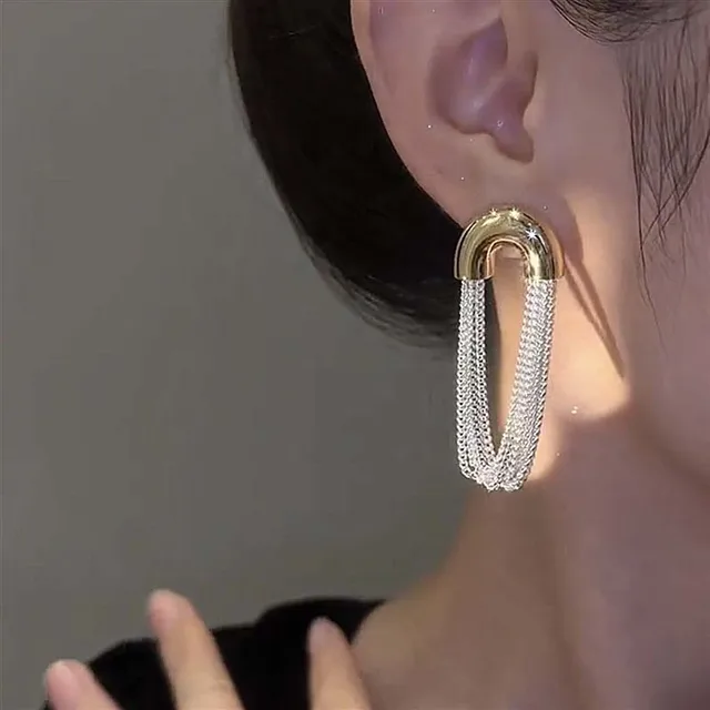 Boucles d'oreilles en métal en forme de U pour femmes, chaîne à pampilles, élégantes, couleur argent, multicouche, personnalité géométrique, bijoux