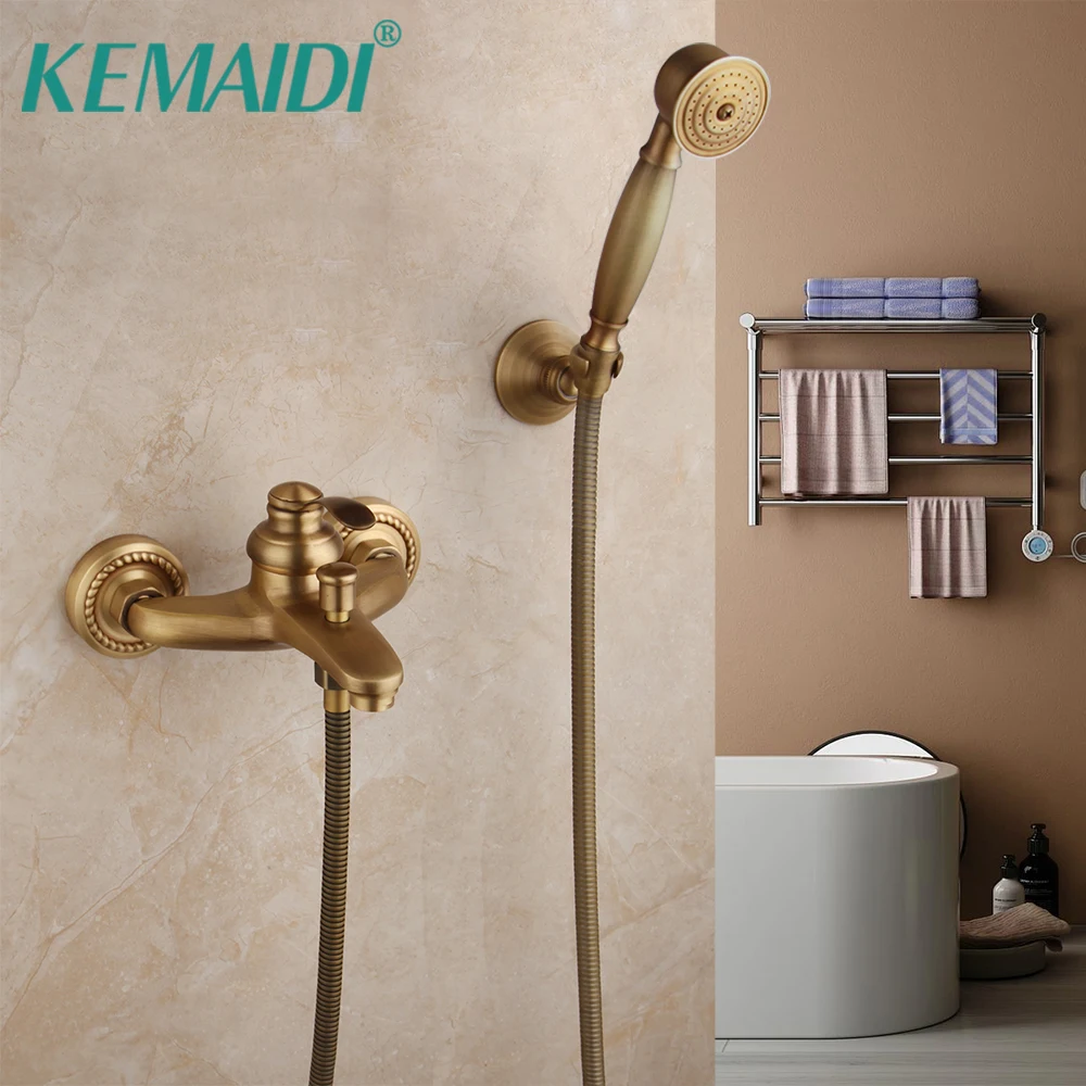 KEMAIDI โบราณทองเหลืองห้องน้ำอ่างอาบน้ำก๊อกน้ำทองเหลืองติดผนังก๊อกน้ำชุดฝักบัวมือถือสเปรย์ 1