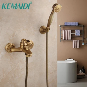 KEMAIDI โบราณทองเหลืองห้องน้ำอ่างอาบน้ำก๊อกน้ำทองเหลืองติดผนังก๊อกน้ำชุดฝักบัวมือถือสเปรย์ 1