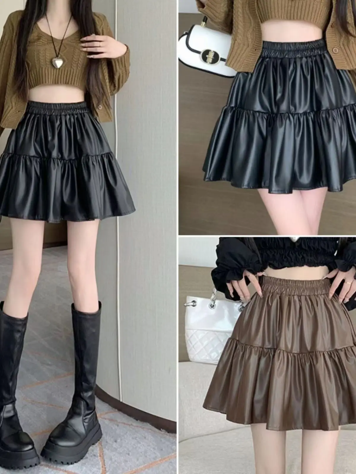Women's PU Leather High Waist Pleated Mini Skirts Flared Short Skirt Nightclub Festival Rave Outfits