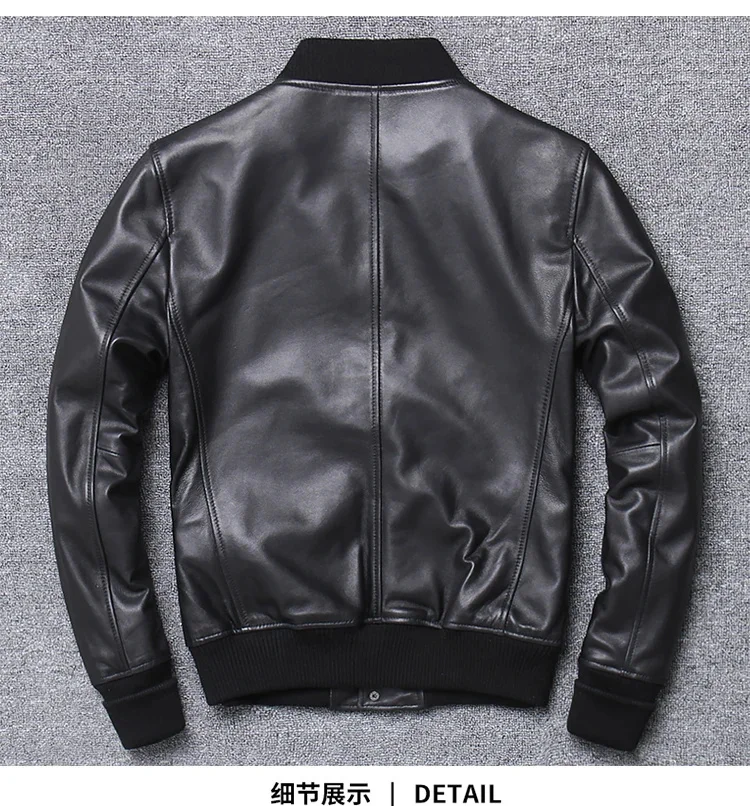 Description Picture 5 of itemFast Shipping Men's Genuine Leather Baseball Jacket Large Capacity Slim Fit Locomotive Black Soft Sheepskin Coat