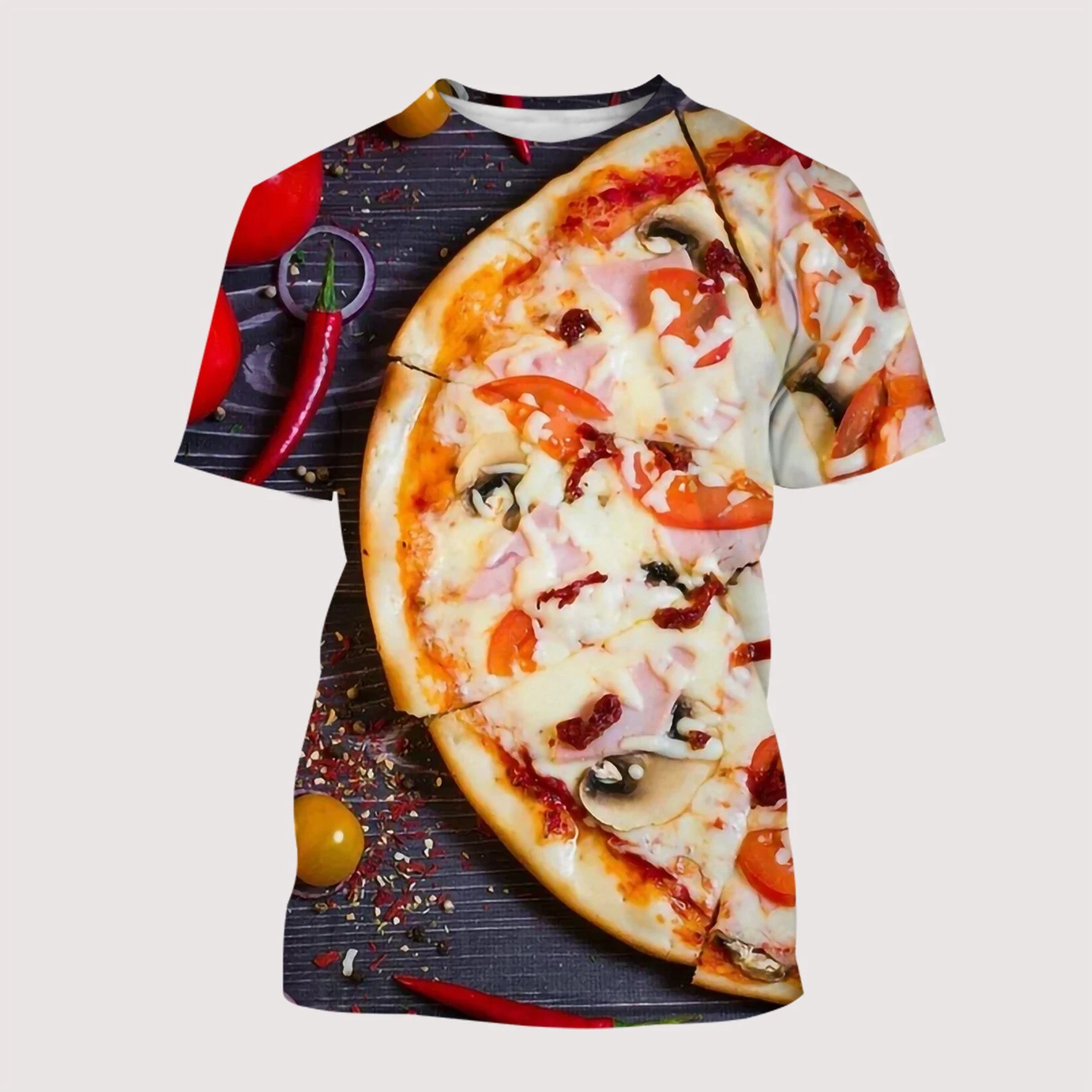 Funny 3D Print Bacon Pizza T Shirt Summer Short Sleeve Tee