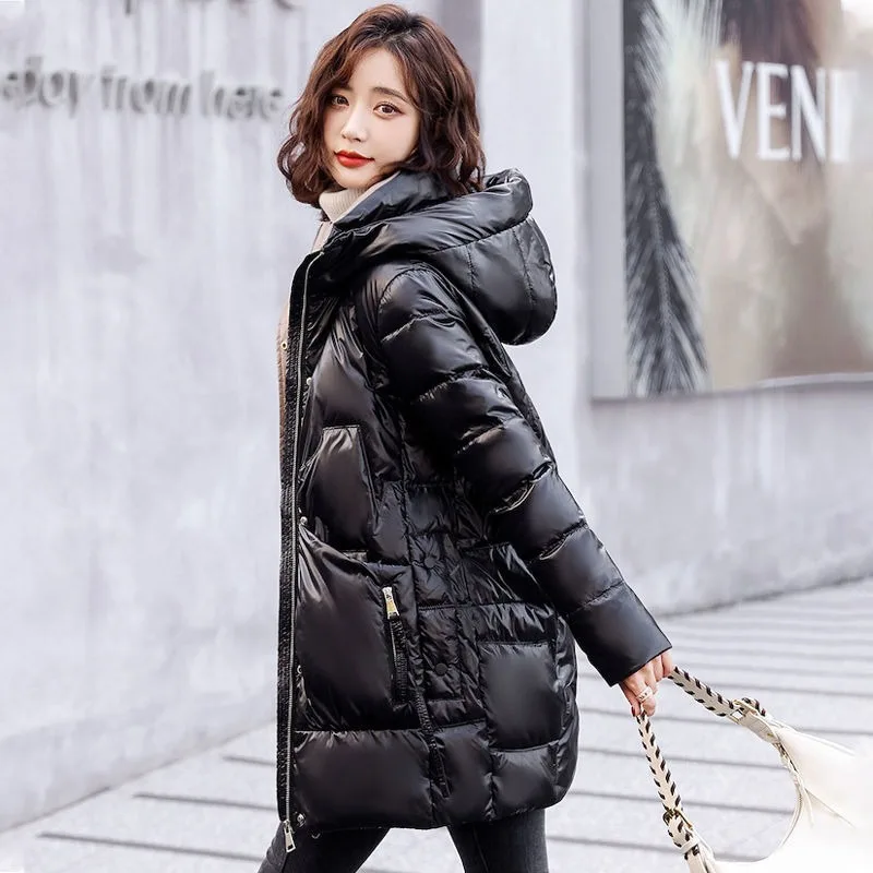2023 New Women Down Jacket Winter Coat Female Mid Length Version Parkas Loose Thick Warm Outwear Hooded Simplicity Overcoat