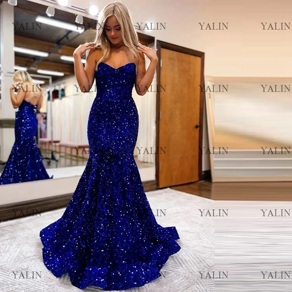 

YALIN Sparkly Strapless Sleeveless Wedding Party Dresses Floor Length Sequined Mermaid Evening Gowns Backless Long Prom Dress