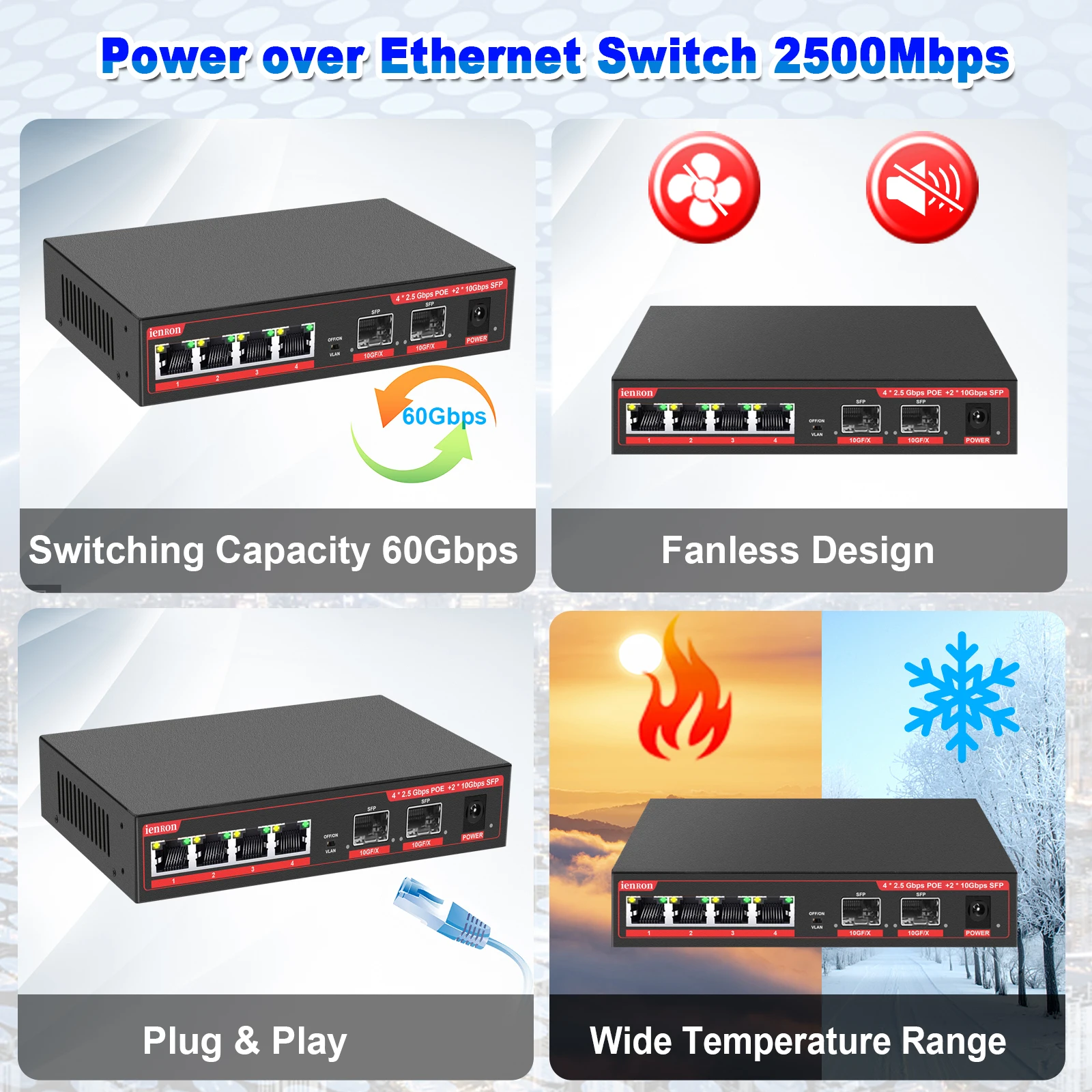 Ienron-switch de Rede Ethernet 2.5 Gigabit Switch Portas 2.5g Vlan Mais Portas 10g Sfp Ethernet Hub Lan para Wireless ap Wifi Vdi - Imagem 2