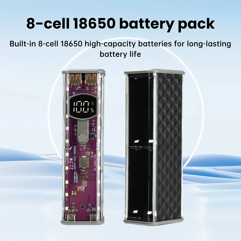 8*18650 파워 뱅크 케이스 PD22.5W 고속 충전기 투명 배터리 보관 쉘 타입-C 포트 DIY 전자 키트