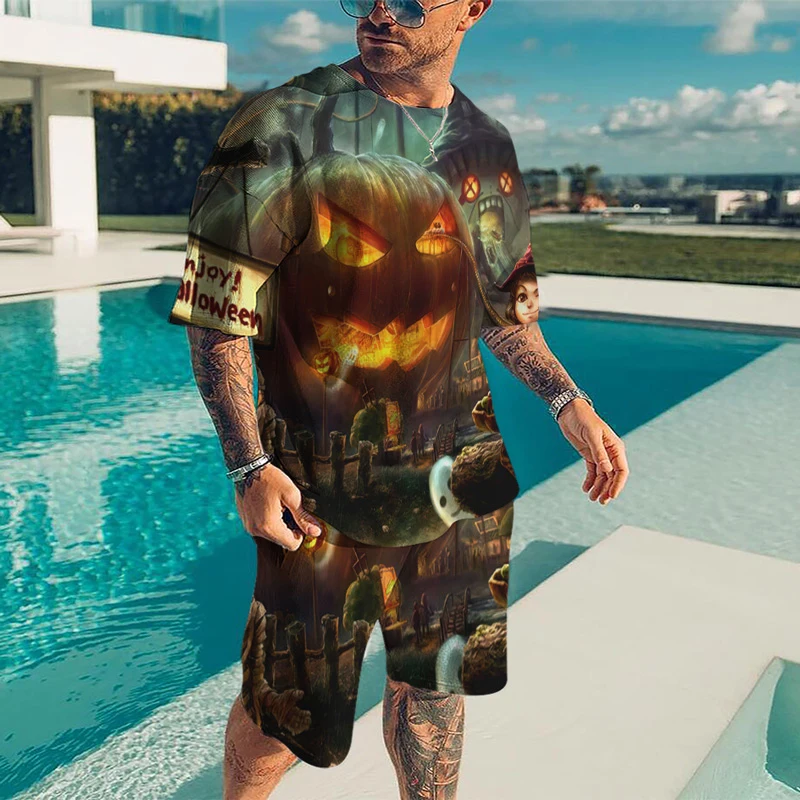 Fashion Men's Round Neck T-shirt Set Halloween Pumpkin Lantern 3D Print T-shirt Shorts Set Unisex Casual Sports Short Sleeve Set