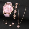 5PCS/Set Fashion Women Watch Rhinestone Heart Jewelry Set Geneva Watch Casual Leather Band Quartz Wristwatch（Without Box） 3