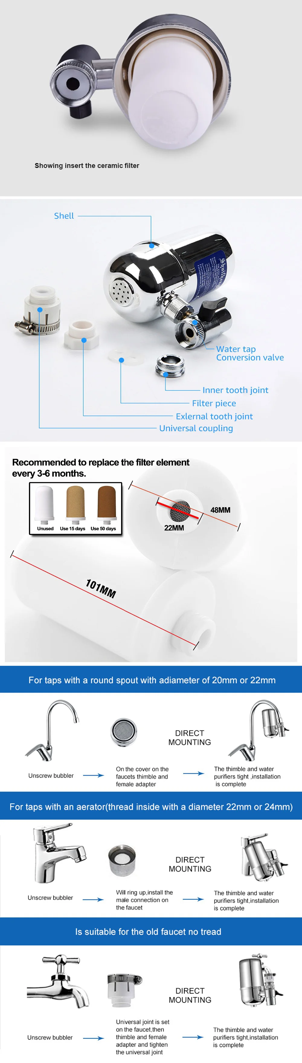 purificador de água da remove bactérias da para adaptador de torneira de ajuste duplo efluentes