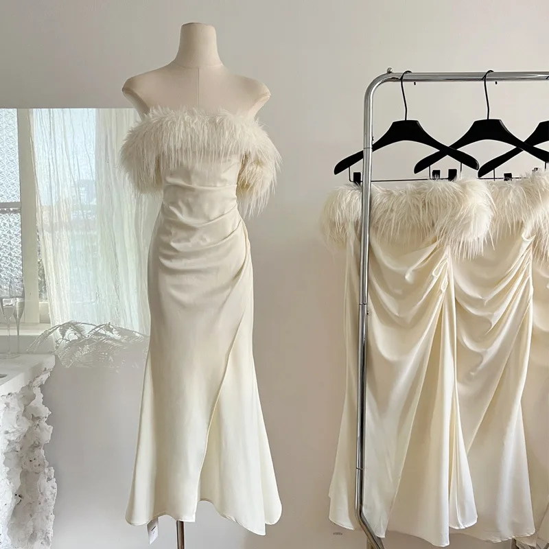 

Mikydely Sexy Off-the-Shoulder Slim Fit Party Dress Feather Satin Long Dress