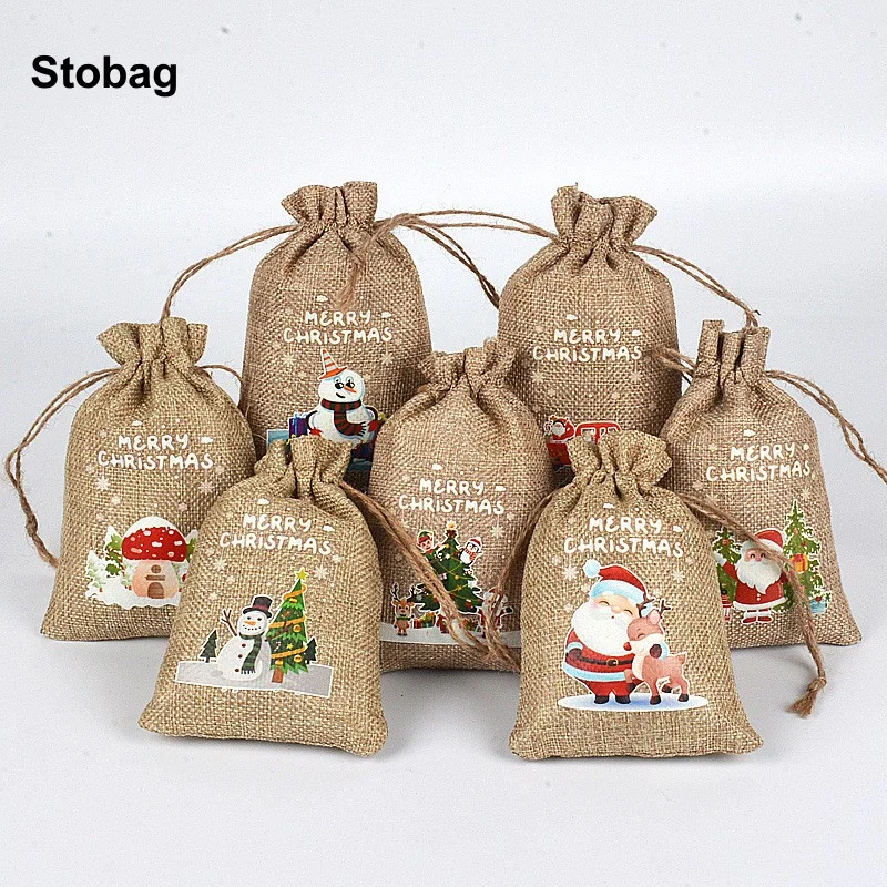

StoBag 50pcs Wholesale Merry Christmas Linen Gift Bags Candy Packaging Drawstring Small Storage Kids Pocket Pouches Party Favors