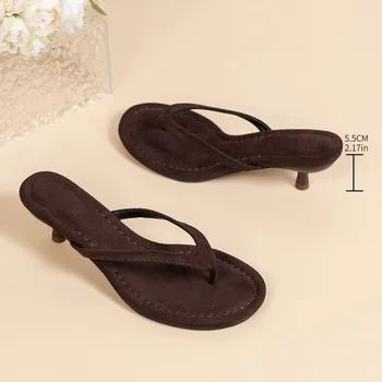 Women Brown Heeled Sandals with Thin Heel Comfortable Summer Flip Flops for Beach Vacation Party Casual Fashion Style Daily Wear